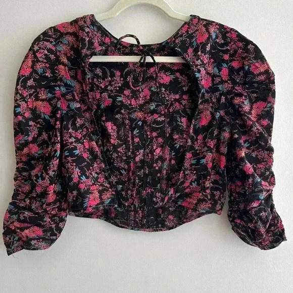 Free People Monica Top, Floral Open Back Puff Sleeve Cinched Waist Blouse Med - Picture 13 of 16